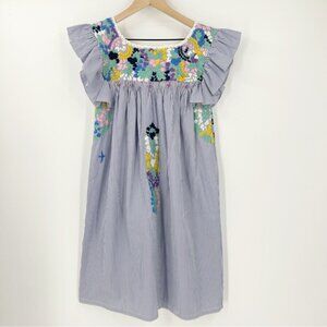Mi Golondrina Mexico Blue White Striped Floral Embroidered Dress XS Vacay